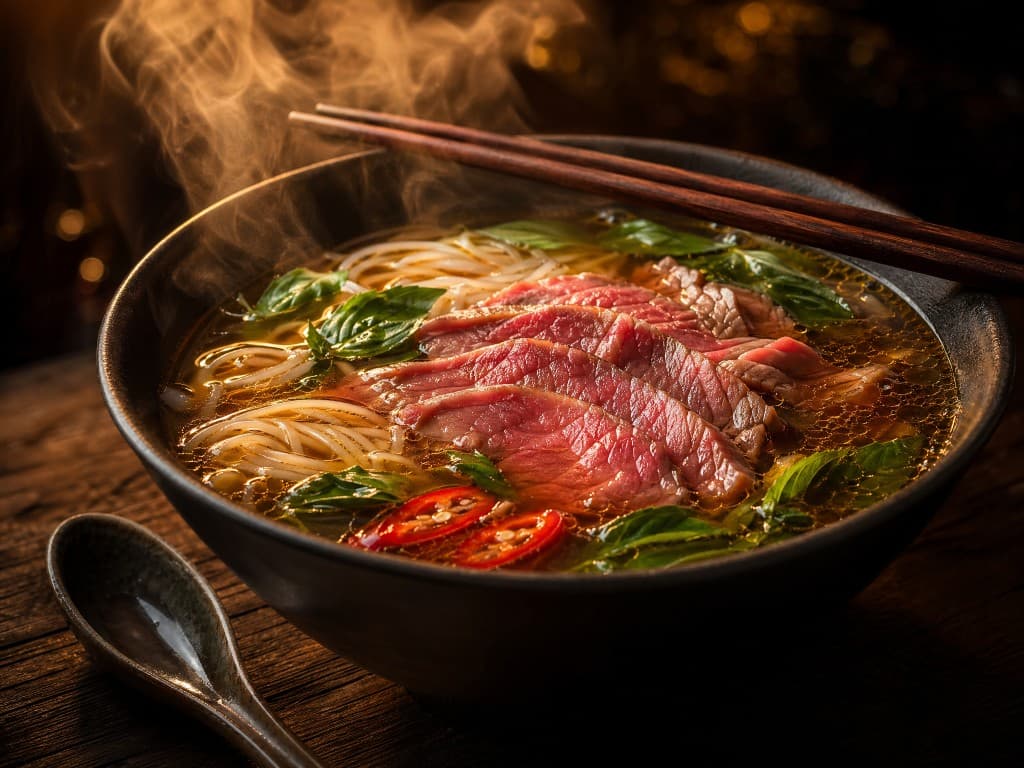 Dampfende Pho mit Rindfleisch, Reisnudeln und Basilikum