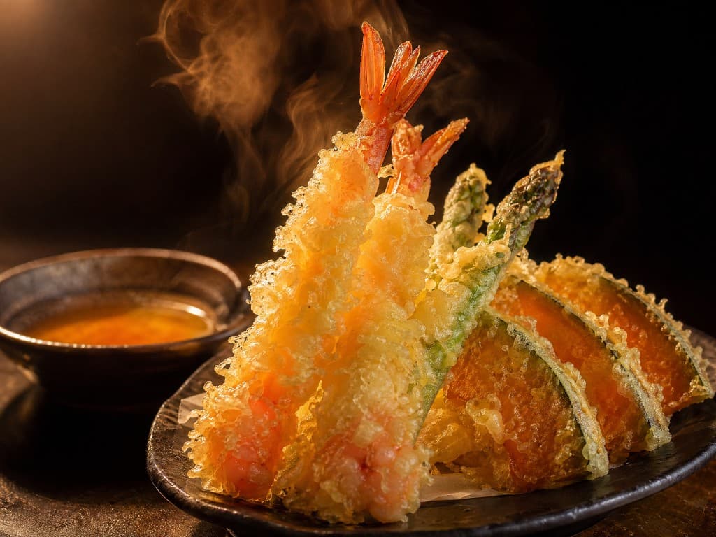 Tempura mit Garnelen, Spargel und Kürbis