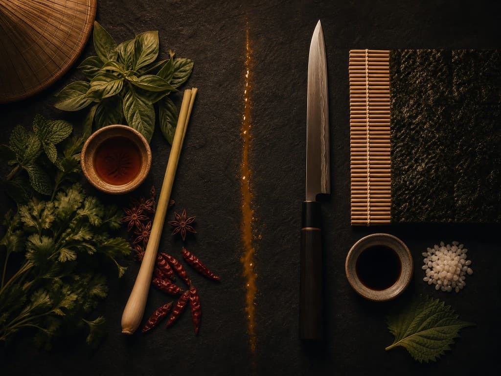 Küchenstillleben: Kräuter und Gewürze einerseits, Sushi-Messer, Nori und Sojasauce andererseits, getrennt durch eine Linie aus Öl.