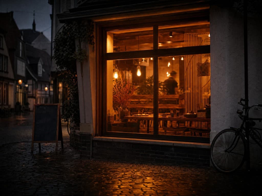 Restaurantfenster abends: warmes Licht im Innenraum, nasses Kopfsteinpflaster und eine Tafel vor dem Eingang.