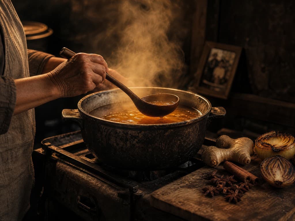 Koch platziert Lachs-Nigiri auf einem dunklen Teller, daneben eine dampfende Schüssel Suppe in gedämpftem Licht.