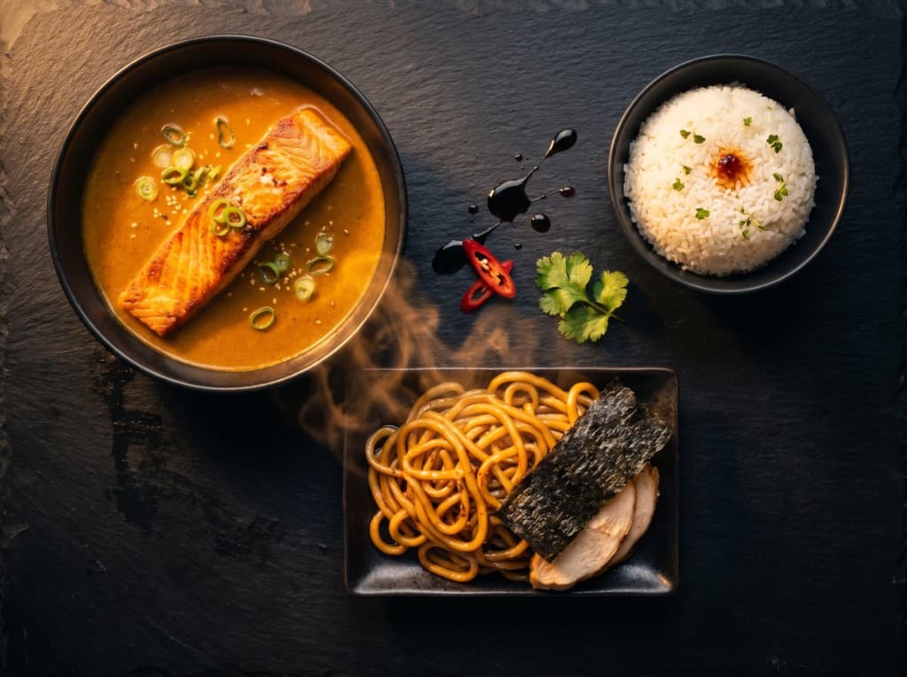 Hauptgerichte: Curry-Lachs mit Reis und Udon-Nudeln mit Hähnchen und Nori
